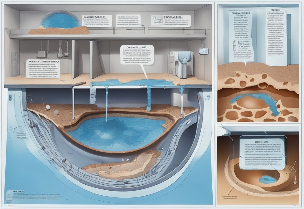 Moderne fotorealistische Illustration eines Querschnitts einer Klärgrube mit blauen Farbtönen und visuellen Hilfsmitteln zur Erklärung der verschiedenen Schichten und Komponenten.