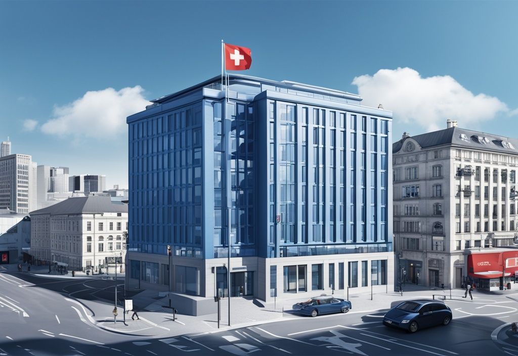 Moderne fotorealistische Illustration einer Schweizer Bankfiliale im Vordergrund, mit ikonischen deutschen Immobilien wie einem modernen Wolkenkratzer und einem traditionellen Haus im Hintergrund, Hauptfarbthema Blau.