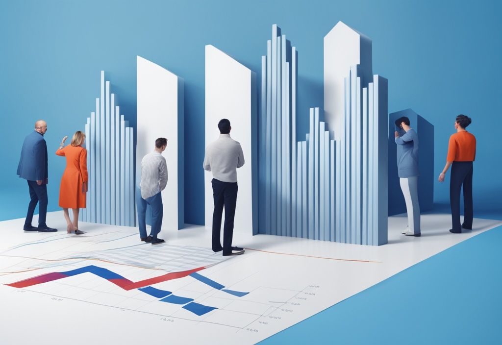 Moderne fotorealistische Illustration mit blauem Farbthema, ein Graph zeigt fallende Immobilienpreise, diverse Gruppe von Menschen beobachtet.