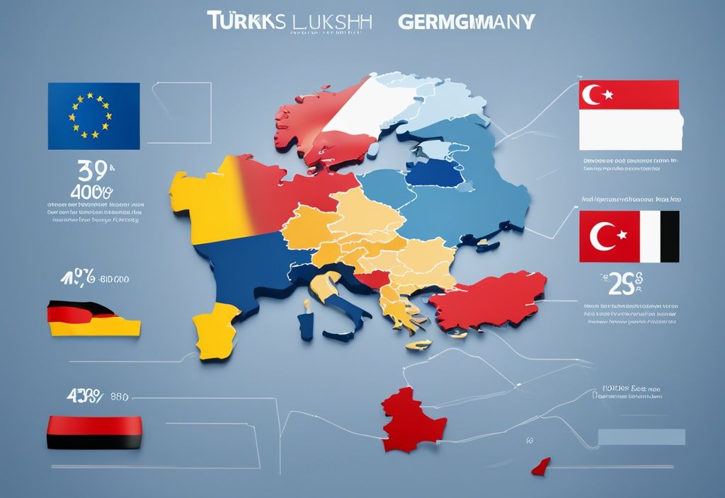 3D-Infografik über den Anteil türkischer Kredite in Deutschland, mit Euro-Symbolen, türkischer Flagge und geografischer Umriss von Deutschland, modernes fotorealistisches Design in Blau.