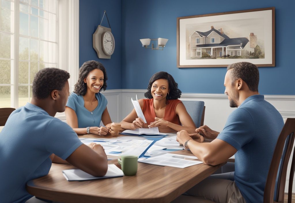 Moderne fotorealistische Illustration einer Familie, die am Esstisch sitzt und mit einem freundlichen Bankvertreter über Finanzen und Hypothekenunterlagen spricht, Hauptfarbthema Blau.