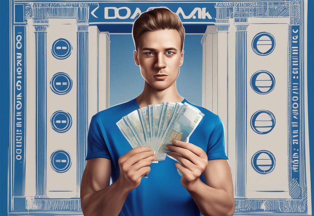 Moderne fotorealistische Illustration einer selbstbewussten Person mit einem 2000 Euro Schein, Hintergrund zeigt vage eine Bank, Kredit bei 2000 Euro netto ohne Eigenkapital