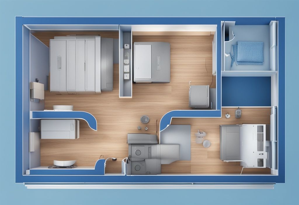 Moderne fotorealistische Illustration eines 50 mm hohen Fußbodenheizungssystems mit Preisschildern an jedem Bauteil, Hauptfarbthema Blau, Kosten für Fußbodenheizung mit Aufbauhöhe 50 mm.