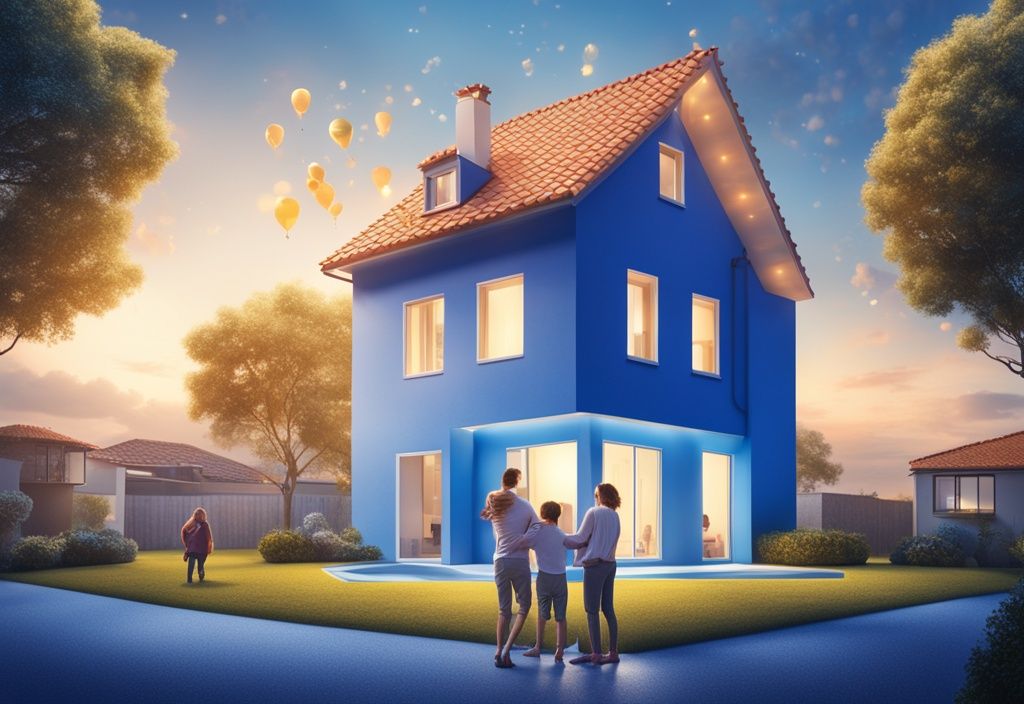 Moderne fotorealistische Illustration einer glücklichen Familie vor ihrem Traumhaus mit schwebendem 250.000 Euro Symbol, das einen Kredit ohne Eigenkapital darstellt.