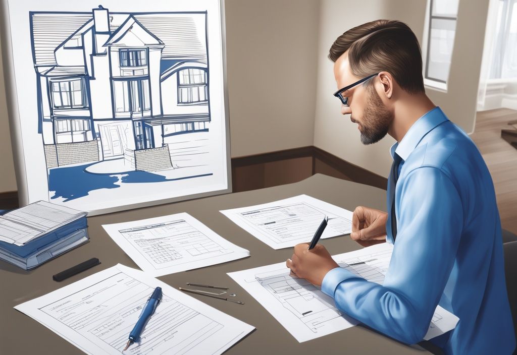 Ein professioneller Immobilienbewerter bewertet Immobilien, während er eine Checkliste überprüft, moderne fotorealistische Illustration in Blau.