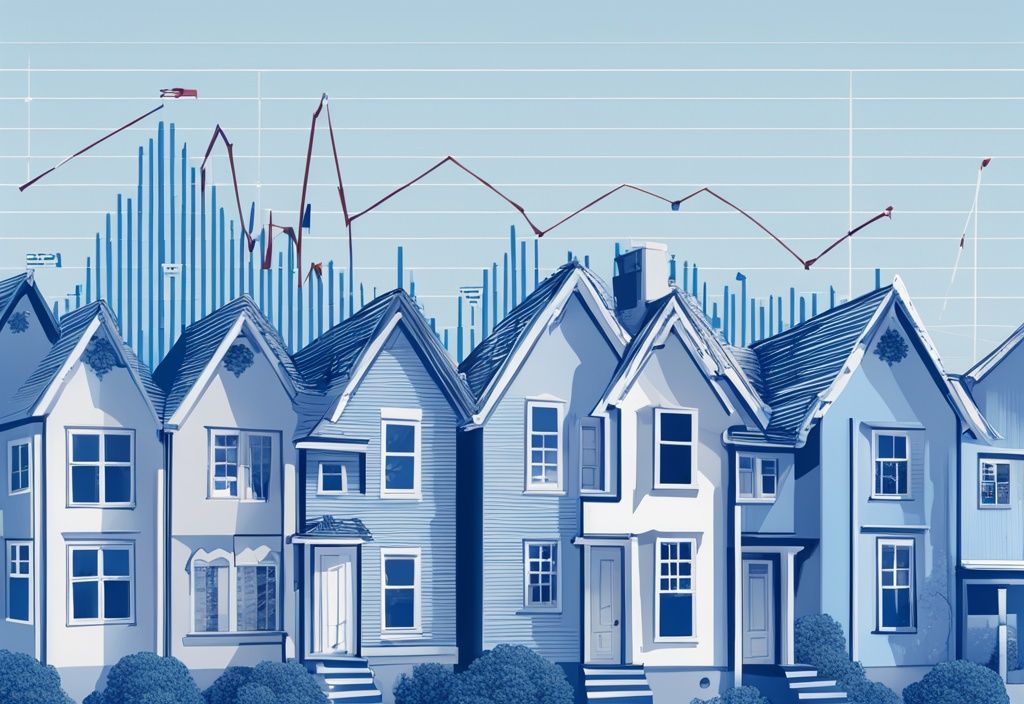 Moderne fotorealistische Illustration eines fallenden Graphen mit Haussymbolen, der zeigt, wann werden Immobilien günstiger.