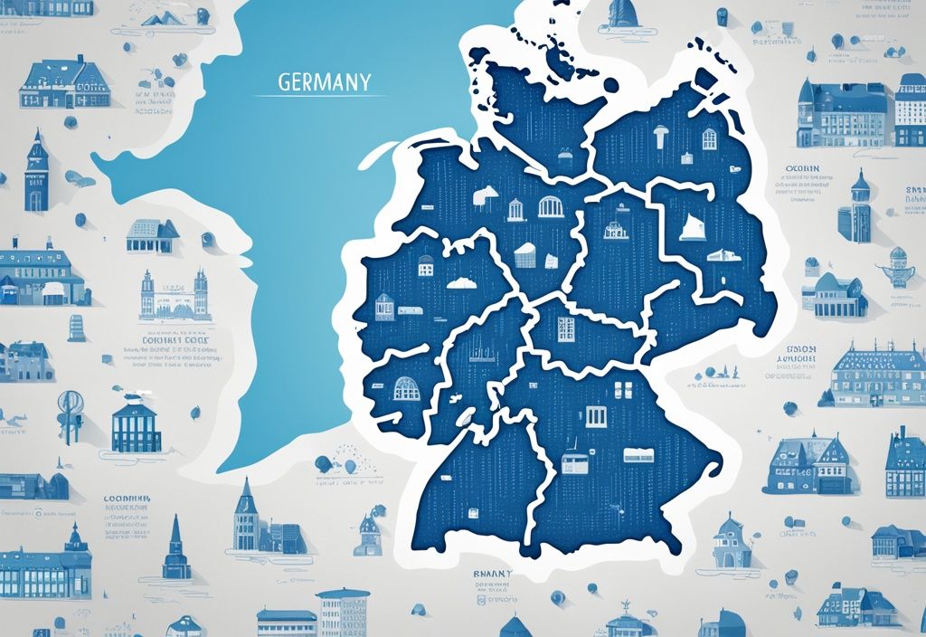 Moderne fotorealistische Illustration mit blauem Farbthema, die eine Karte von Deutschland mit Mini-Icons von Gebäuden zeigt, die Immobilien gleichmäßig im ganzen Land darstellen, wie viele Immobilien gibt es in Deutschland.