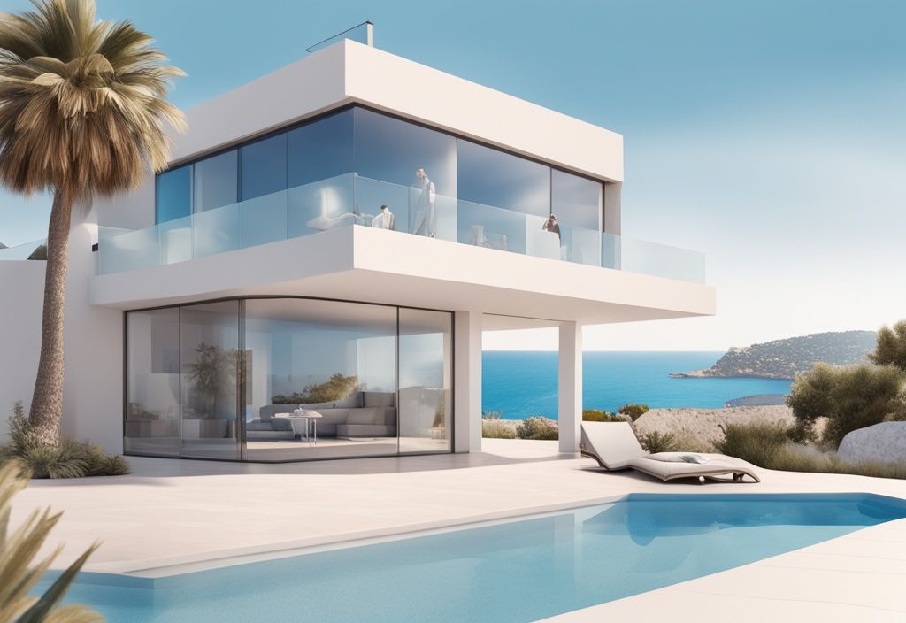 Moderne fotorealistische Illustration einer luxuriösen Villa in Mallorca mit verkauftem Schild, einem glücklichen Paar, das einem Immobilienmakler die Hand schüttelt, und im Hintergrund die Küste von Ibiza, die subtil auf Immobilienfinanzierung hinweist, Hauptfarbthema Blau.