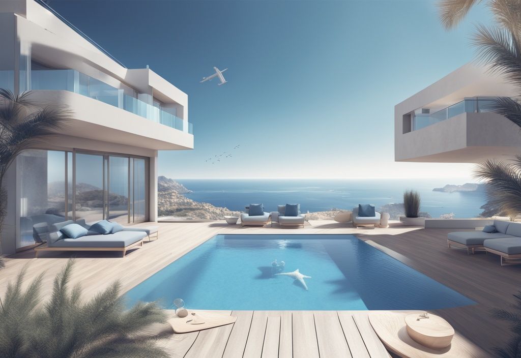 Luxusvillen auf Mallorca und Ibiza mit transparenten Finanzdiagrammen und Symbolen, Thema: Immobilienfinanzierung auf Mallorca und Ibiza, in einem modernen fotorealistischen blauen Design.