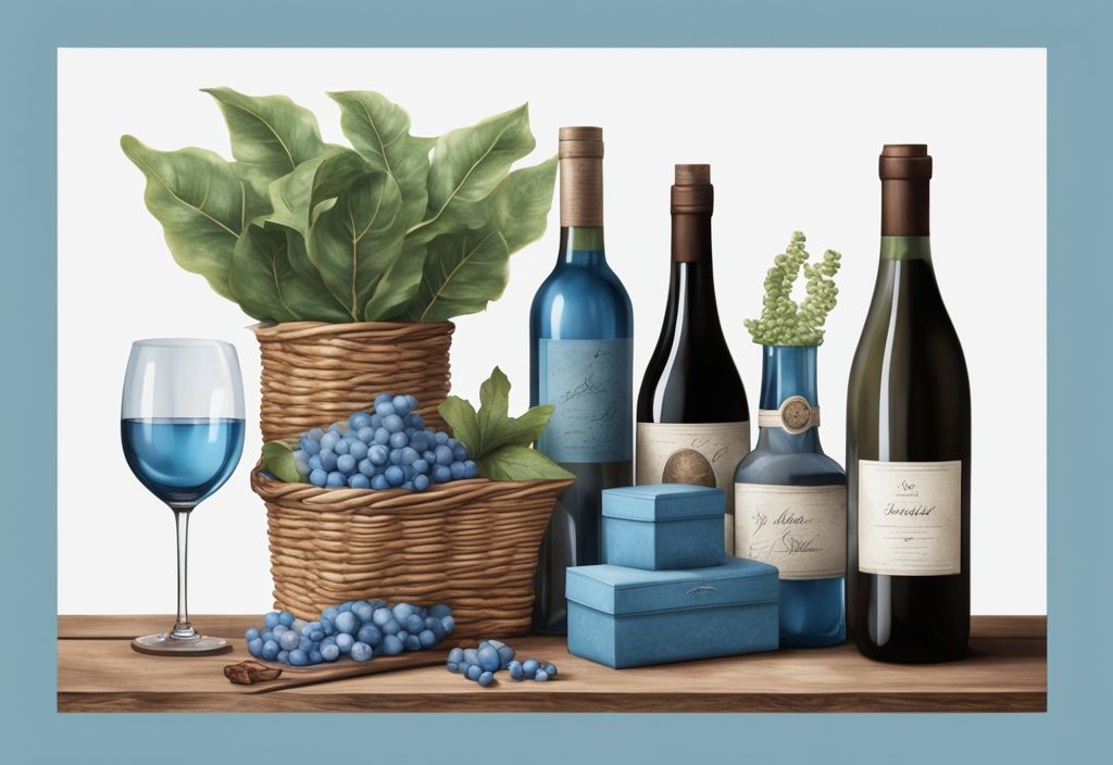 Moderne fotorealistische Illustration mit blauem Farbthema: Beliebte Geschenke zum Einzug wie Pflanzen, Weinflaschen und ein Korb mit Gourmet-Lebensmitteln auf einem rustikalen Holztisch - was schenkt man zum Einzug?