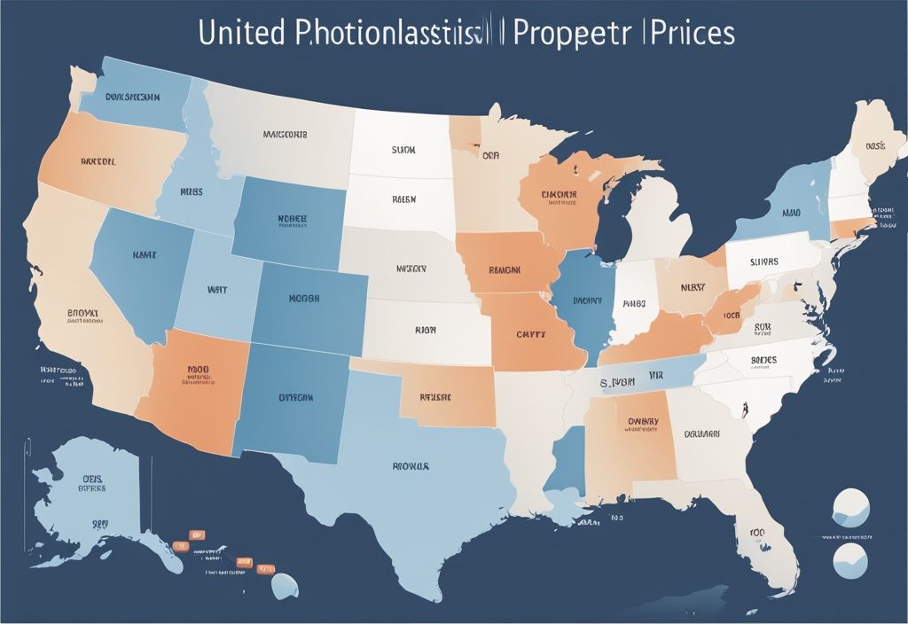 Moderne fotorealistische Illustration einer USA-Karte mit verschiedenen Farben für Immobilienpreise, günstigster Staat hervorgehoben und beschriftet, Hauptfarbthema Blau.