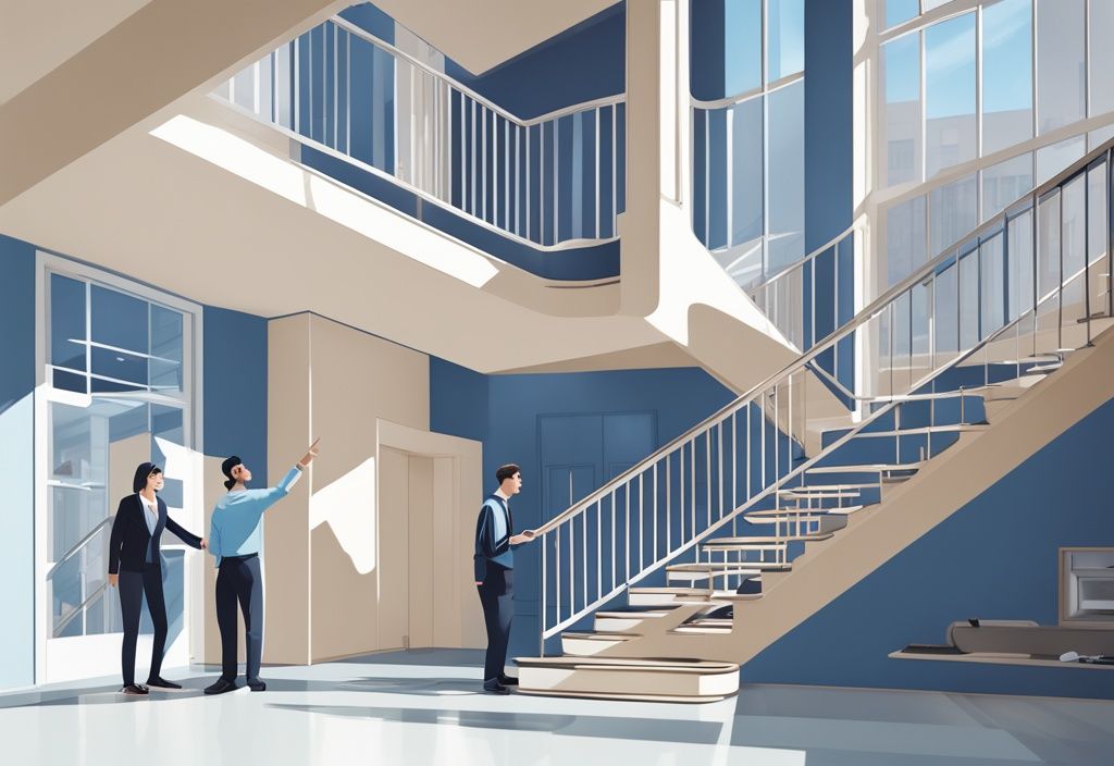 Moderne fotorealistische Illustration eines Vermieters und Mieters, die über Treppenhausreinigung Mieter oder Vermieter diskutieren und auf eine saubere, glänzende Treppe in einem Wohngebäude zeigen, Hauptfarbthema Blau.