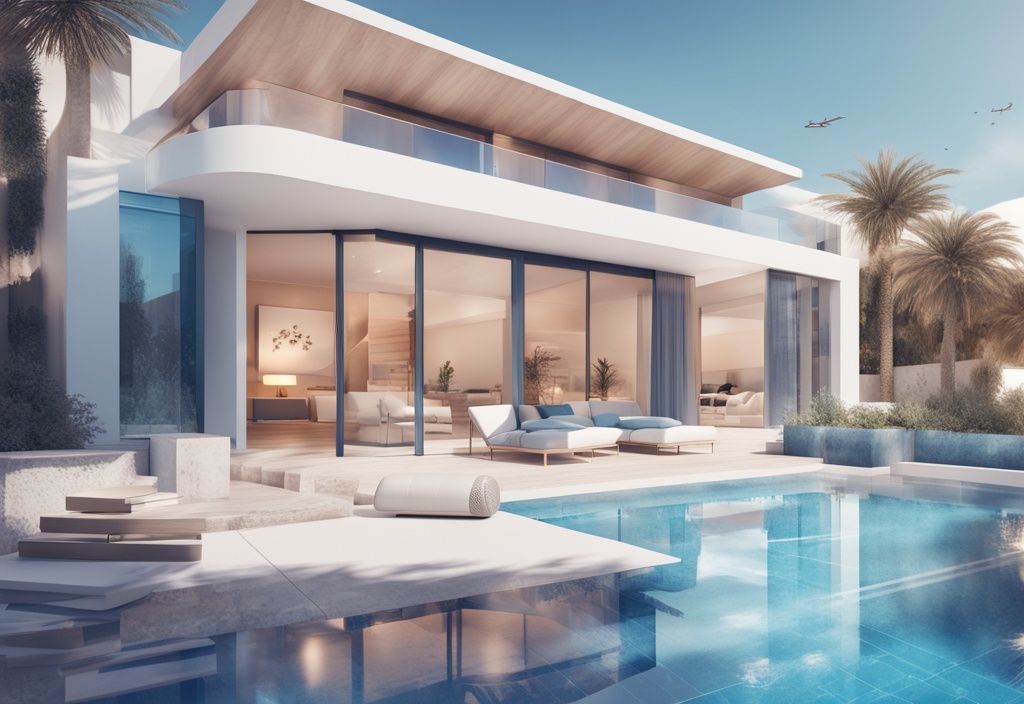 Moderne fotorealistische Illustration von Luxusvillen auf Mallorca und Ibiza mit transparenten Finanzdiagrammen und Symbolen, Schwerpunkt auf Immobilienfinanzierung auf Mallorca und Ibiza.