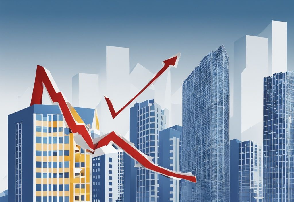 Moderne fotorealistische Illustration eines dramatisch fallenden Graphen, der den Euro-Crash symbolisiert, mit verblassten Bildern von Häusern im Hintergrund, um den Immobilienmarkt darzustellen; was passiert mit Immobilien bei Euro Crash.