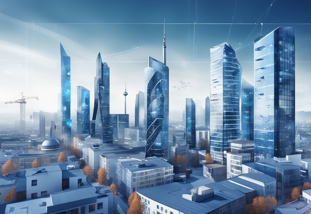 Futuristische Skyline deutscher Städte mit modernen Gebäuden, blaue Farbtöne, Wachstumsdiagramme und Trends des Immobilienmarkts 2025.