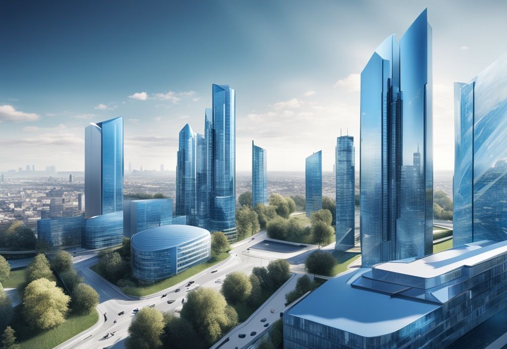 Moderne fotorealistische Illustration einer futuristischen Stadtlandschaft in Deutschland mit Schwerpunkt auf nachhaltigen Gebäuden und einem Graphen, der das prognostizierte Wachstum des Immobilienmarkts Deutschland 2025 zeigt, Hauptfarbthema Blau.