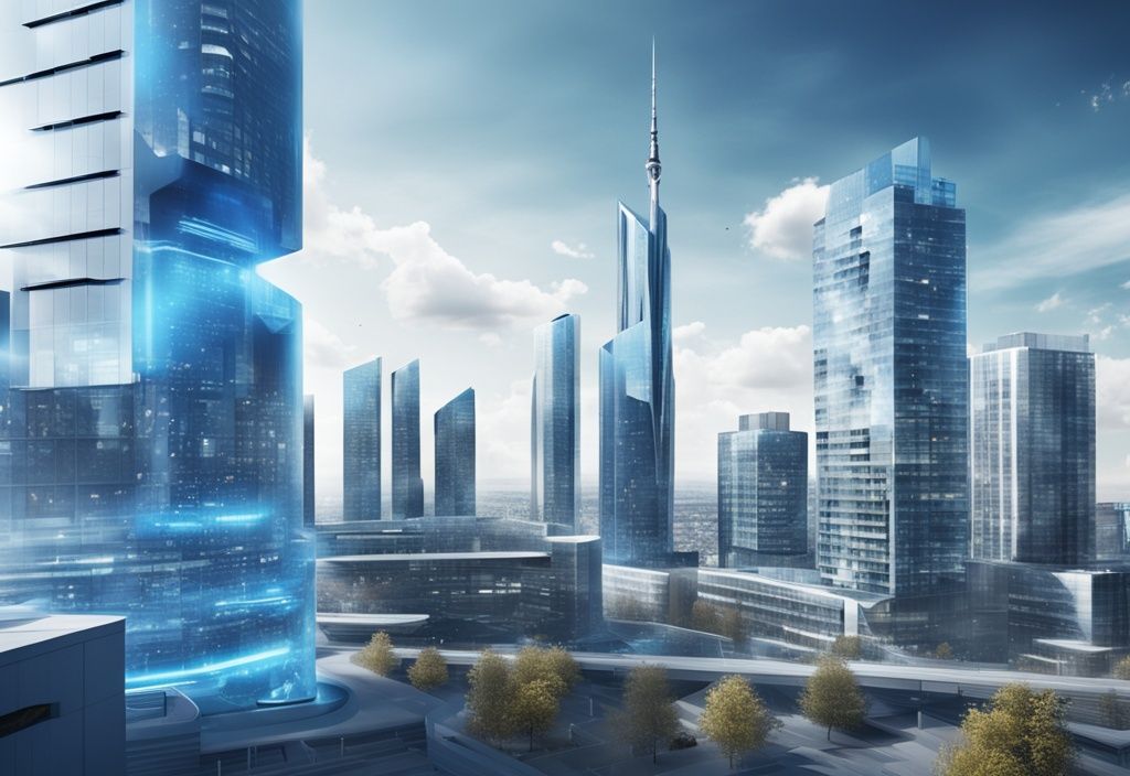 Futuristische Stadtansicht Deutschlands mit nachhaltigen Gebäuden und einem Graphen zur Prognose des Immobilienmarkts Deutschland 2025, Hauptfarbthema Blau.