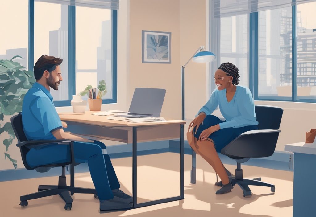 Moderne fotorealistische Illustration einer Person, die Umzugspläne mit einem Sozialarbeiter in einem freundlichen Büro bespricht, Hauptfarbthema Blau.