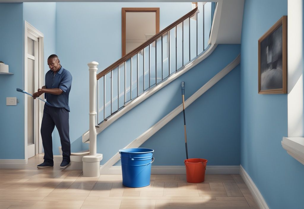 Moderne fotorealistische Illustration: Mieter und Vermieter im Gespräch auf gut beleuchteter Treppe, blaue Farbthematik, mit Wischmopp und Eimer im Hintergrund.