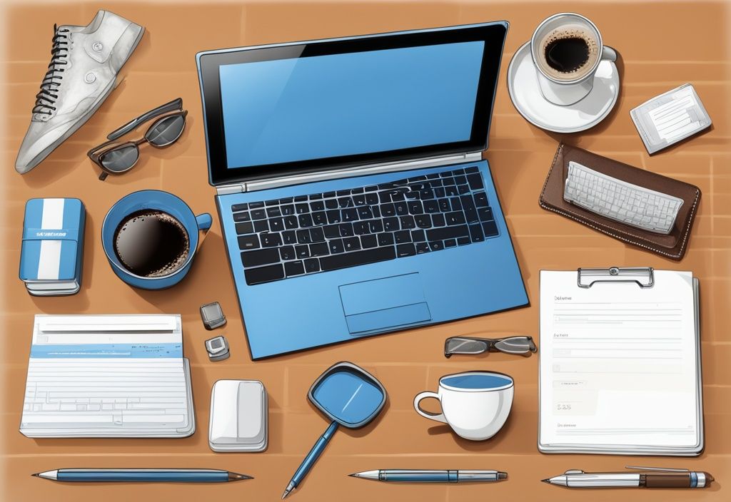 Moderne fotorealistische Illustration in Blau: Was braucht man zum Ummelden? Laptop, Stift, Notizblock, Ausweisdokumente und Kaffeetasse ordentlich auf einem Schreibtisch arrangiert.