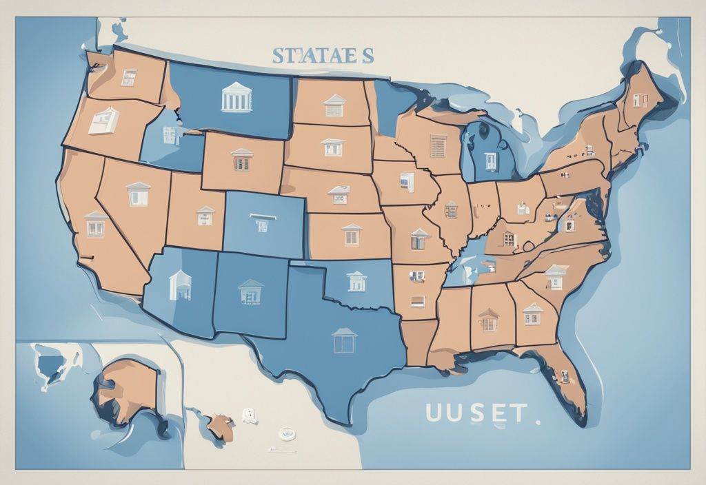 Eine moderne fotorealistische Illustration in Blau zeigt eine Karte der USA, auf der das Bundesland mit den günstigsten Immobilien hervorgehoben ist und ein kleines Haus-Symbol darauf platziert ist. Keyword: in welchem Bundesland sind Immobilien am günstigsten.