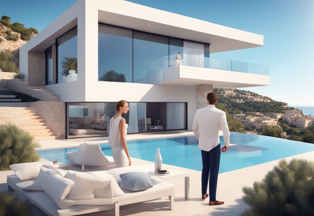 Moderne fotorealistische Illustration einer luxuriösen Villa auf Mallorca mit verkauftem Schild, einem glücklichen Paar, das einem Immobilienmakler die Hand schüttelt, und im Hintergrund die Küste von Ibiza, als subtile Anspielung auf Immobilienfinanzierung, Hauptfarbthema Blau.