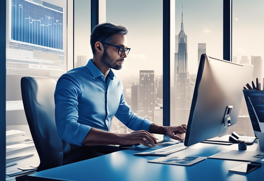 Moderne fotorealistische Illustration eines Asset Managers in einem modernen Büro, der Immobiliendaten auf mehreren Bildschirmen analysiert, mit Bauplänen und einer Stadtsilhouette im Hintergrund, Hauptfarbthema Blau.