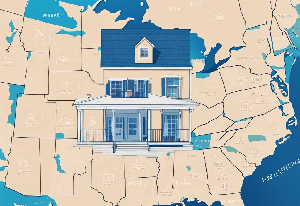 Moderne fotorealistische Illustration einer USA-Karte in Blautönen mit hervorgehobenem Bundesstaat, in welchem Bundesland sind Immobilien am günstigsten, und kleinem Haus-Icon.