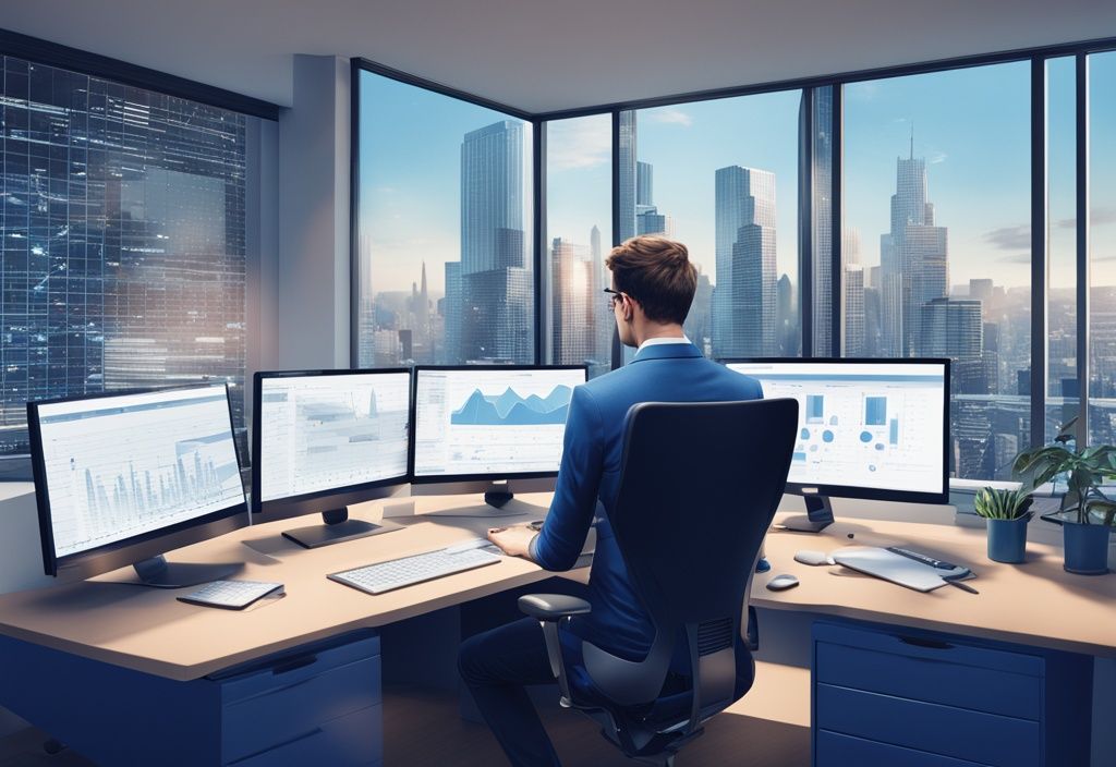 Moderner fotorealistischer Illustration eines Asset-Managers im Büro, der Immobilienmarktdaten auf mehreren Bildschirmen analysiert, mit Bauplänen und Stadtsilhouette im Hintergrund, Hauptfarbthema Blau.