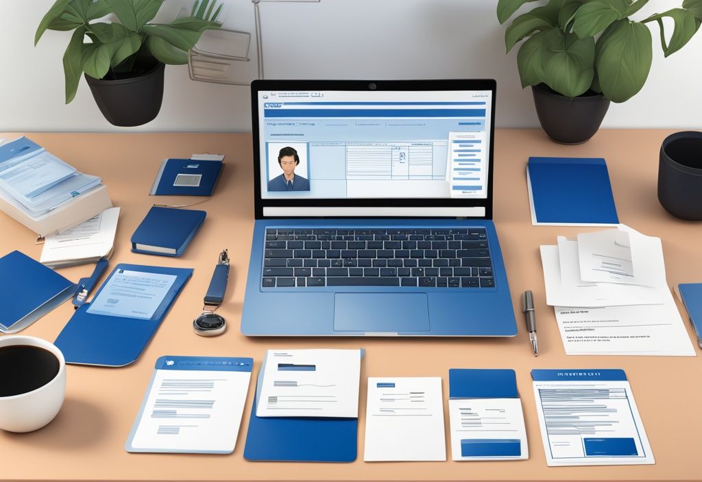 Moderne fotorealistische Illustration mit blauem Farbschema: Verschiedene wichtige Dokumente wie Ausweise, Pässe und Formulare auf einem Schreibtisch verteilt, im Hintergrund ein Computer mit geöffneter Registrierungsseite.