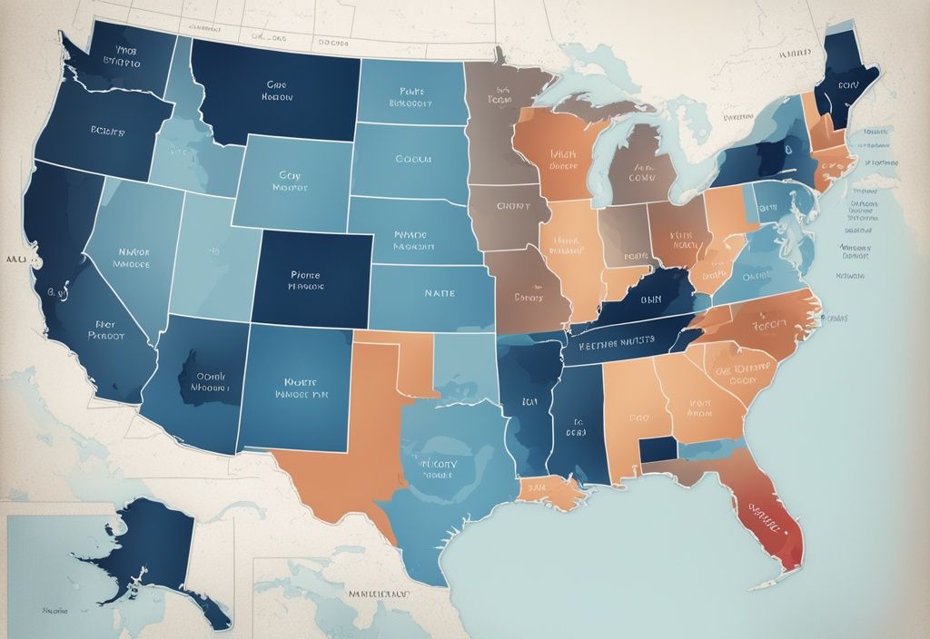 Moderne fotorealistische Illustration einer USA-Karte mit verschiedenen Farben zur Darstellung von Immobilienpreisen, wobei der günstigste Staat hervorgehoben und beschriftet ist, Hauptfarbthema Blau.