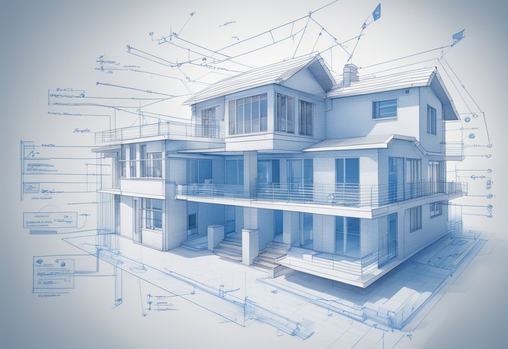 Moderne fotorealistische Illustration eines Architekturplans eines Hauses in Blautönen, mit hervorgehobenen und beschrifteten Bereichen zur Darstellung der nutzbaren Fläche in Immobilienbegriffen.